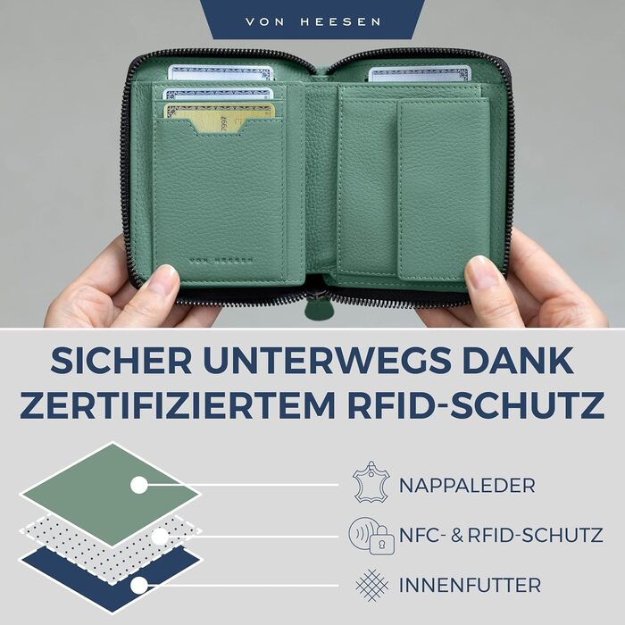 VON HEESEN гаманець із натуральної шкіри з RFID-захистом, бірюзовий, для чоловіків та жінок, з монетницею