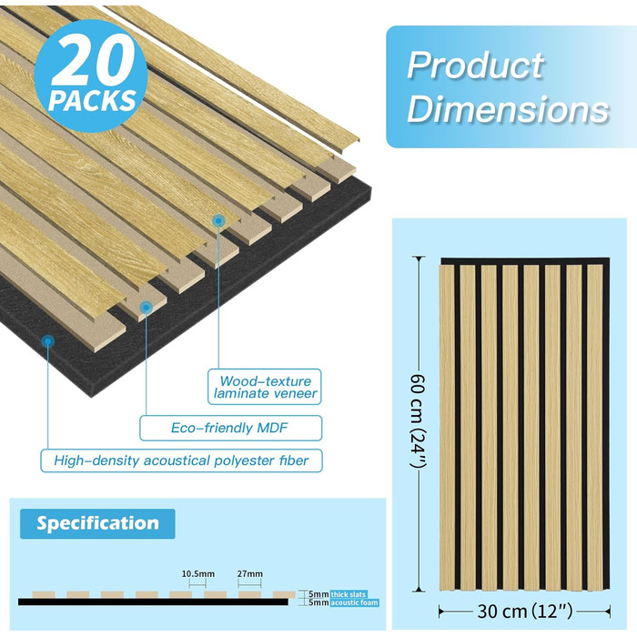 Акустичні 3D-панелі Art3d для звукоізоляції (дуб), деревний шпон з фетровою підкладкою, 60x30 см, набір 4 шт. — звукопоглинаючі панелі для офісу, студії та вітальні