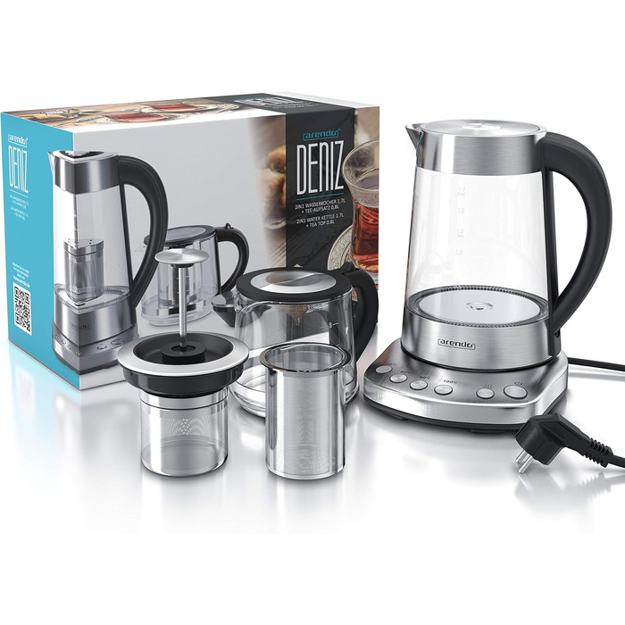 Arendo - Glass Water Kettle with Temperature Setting and Tea Strainer - Electric Kettle in Stainless Steel - Temperatures 70, 80, 90, 100 Degrees - 1.7 Liter - 2400 Watt - Keep Warm Function - BPA Free