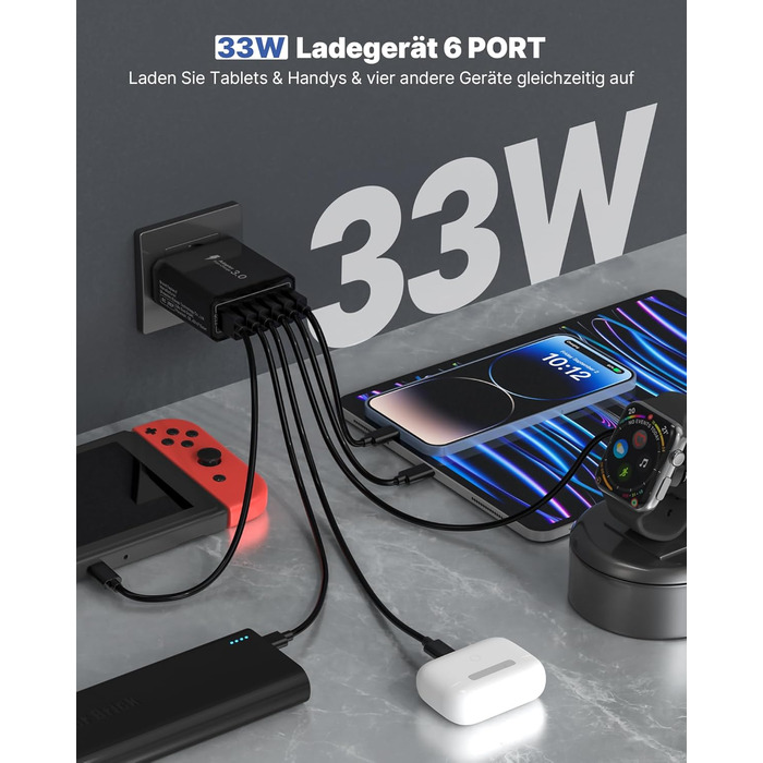 Зарядний пристрій USB 2 шт, 6 портів 33W QC 3.0 + USB 3.1A, мережевий адаптер для iPhone 16/15/14/13/12/11 Pro Max SE XR XS, iPad Pro, Samsung, смартфонів - Чорний