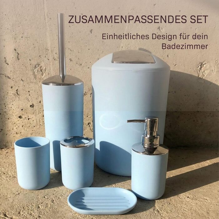 Набір аксесуарів для ванної кімнати 6 предметів, пластик, блакитний: туалетний йоржик, кошик для сміття, стакан для зубних щіток, мильниця, дозатор для мила, декоративна тарілка