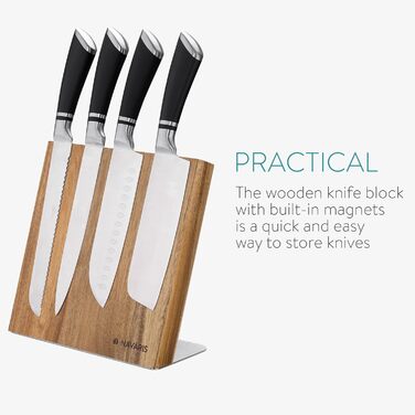 Navaris Magnetic Knife Holder from Acacia Wood 23x22.5x12cm - Magnetic Knife Block Knife Board Wood Magnet Holder - Knife Holder Unfilled Brown
