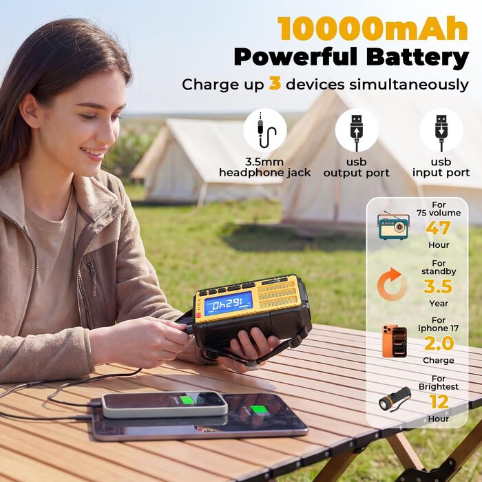Радіоприймач Esky Kurbelradio з сонячною батареєю, 10000mAh, AM/FM, USB-зарядка, LED-ліхтарик, SOS-сигнал, компас, для кемпінгу та надзвичайних ситуацій, жовтий
