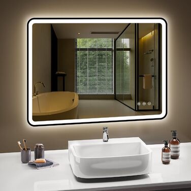 Дзеркало для ванної кімнати з підсвічуванням 80x60 см, 3 кольори, регульована яскравість, антизапар, 3x збільшення, розетка для гоління, IP44, для горизонтального/вертикального монтажу