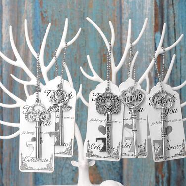 Aokbean Vintage Bottle Opener 100pcs Skeleton Wedding Gifts Guest Memorial Favor Set with Thank You Card and Chain for Wedding Birthday Baptism Party Gifts (Antique Silver)