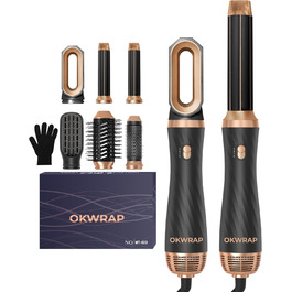 Набір для укладки волосся OKWRAP Airstyler 6 в 1: фен-щітка, автоматична завивка, об'ємні насадки, чорний/золотий