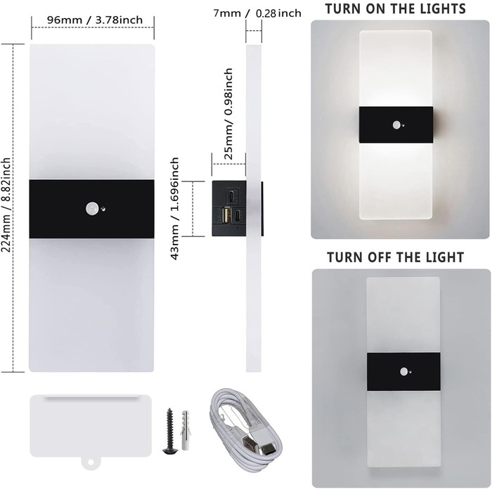 LED настінний світильник VOMI з датчиком руху, акумуляторний, бездротовий, USB зарядка, 4000mAh, для коридору та сходів, 2 білих світлодіодів, 6000K