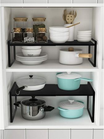 KZOBYD Expandable Kitchen Shelf, Foldable Kitchen Cabinet Shelf Spice Rack Organizer for Dishes and Supplies Stackable Kitchen Storage Organizer for Extra Storage Space (White, ) (Black, M)