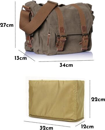 Сумка для фотоапарата DSLR з м'якою вставкою, Canvas Messenger Bag у вінтажному стилі, 34x13x27 см, Оливково-зелена