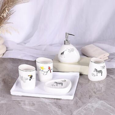Bathroom accessory set, gold marble look, modern 6-piece bathroom accessory set, complete with soap dispenser, toothbrush holder, cup, tray, and countertop organizer (Tier)