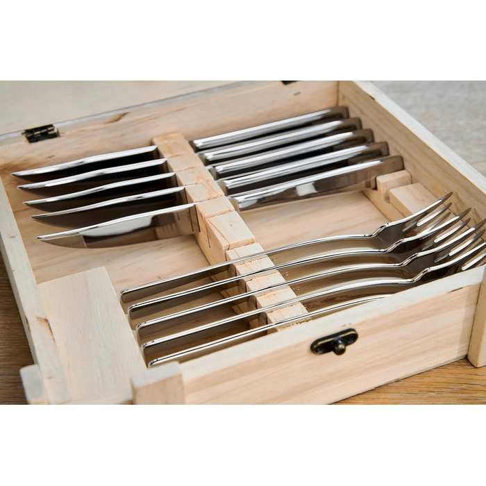 ZWILLING Steak Knife Set for 6 People, 12-Piece, 6 Steak Knives and 6 Steak Forks, Includes Wooden Storage Box, Stainless Steel / Wood, Silver