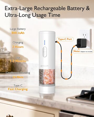 Електрична млин для солі та перцю AMOSA 2-в-1 USB, біла, з LED підсвіткою та регульованим помелом