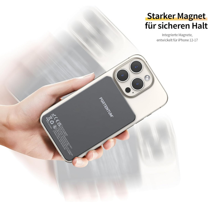 Портативний зарядний Power Bank Portentum MagSafe 10000 mAh: Швидка зарядка 22.5W, Qi 15W, USB-C, USB-A, Ultra-Slim 14mm для iPhone, Samsung, смартфонів, планшетів