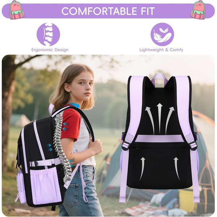 Шкільний рюкзак Tanou для дівчаток-підлітків, великий, стильний, водонепроникний, 9-18 років, з тролейовим ремінцем (фіолетовий)