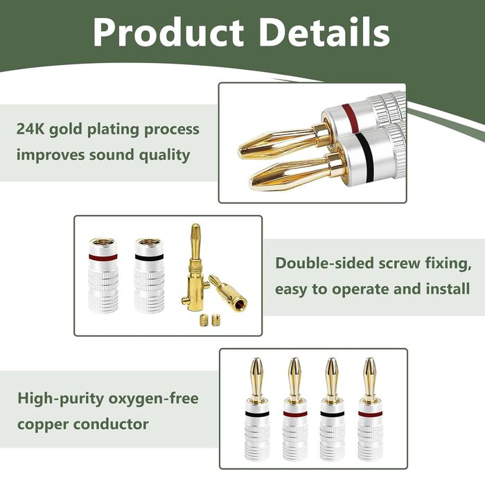 8 шт. бананові конектори 24K позолота для акустичних кабелів, Hi-Fi аудіо, домашній кінотеатр, 4 червоні, 4 чорні, сумісні з кабелями 0.75 мм - 4 мм