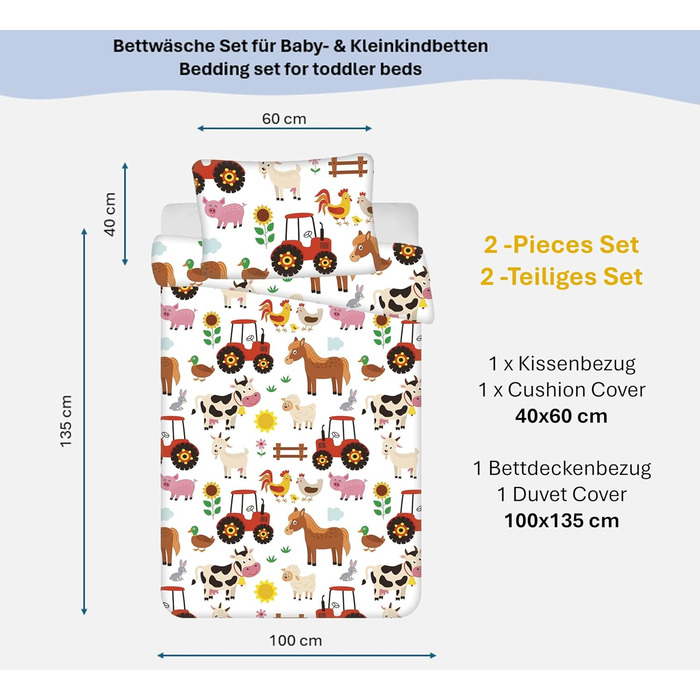 Комплект постільної білизни для дитячого ліжечка: простирадло 100x135 см та наволочка 40x60 см з бавовни, сертифікат Öko-Tex Standard, для хлопчиків та дівчаток (фермерський дизайн)