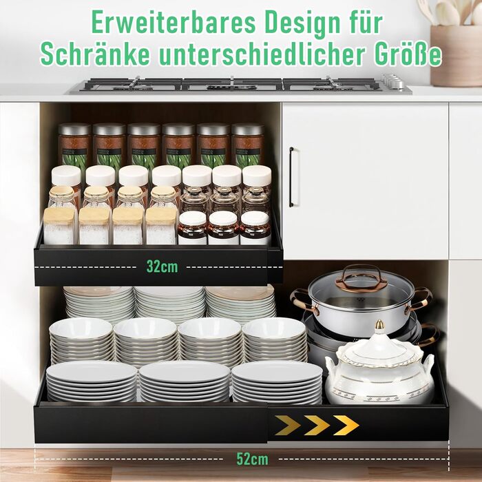 Telescopic Drawer, Adjustable Width 32-52cm, High-Quality Carbon Steel Drawer Organizer Kitchen, Pull Out Cabinet Drawer Organizer, Kitchen Cabinet Drawer Organizer Pull Out (Black)