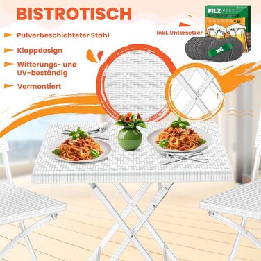 КЕССЕР® Балконний столик розкладний | Стійкий до погодних умов/УФ-стійкий | Балконні меблі з покриттям зі сталі та ротангу | Садовий стіл для вулиці | Меблі для саду з 6 фетровими підставками | Бістро-стіл витримує до 100 кг | Ротанг, білий