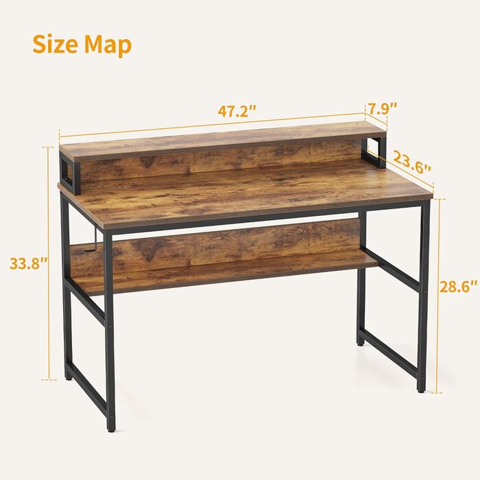 Стіл Cubiker для комп'ютера з полицею для книг, 120x60x88 см, ігровий комп'ютерний стіл, офісний стіл, індустріальний дизайн, сталевий каркас, колір рустикальний коричневий