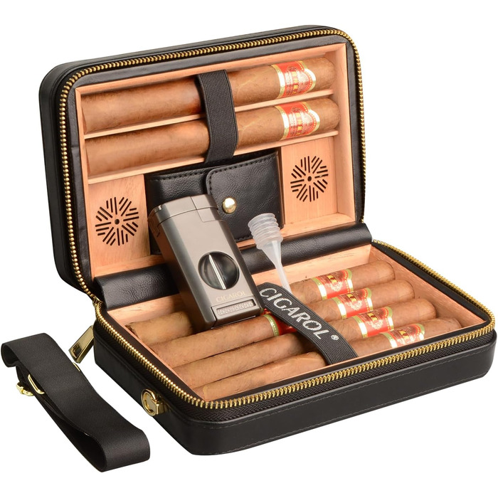 Чохол для сигар, переносний шкіряний гумодор, з запальничкою, вміщує до 6 сигар, чудовий подарунок для чоловіків (без сигар), чорний