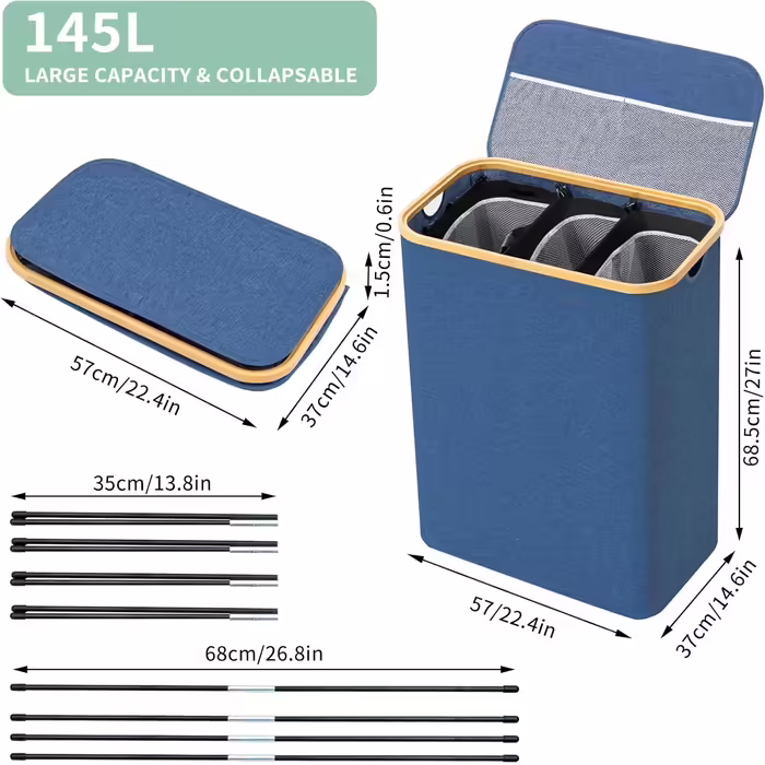 BRIAN & DANY Laundry Basket 3 Compartments with Lid, Laundry Collector, Laundry Sorting System, Removable, Water-Repellent, Foldable Laundry Box, Narrow Laundry Basket 145L for the Family XXL Blue