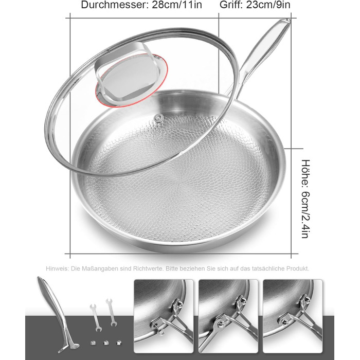 Сковорода з нержавіючої сталі 28 см, антипригарна, з кришкою, 18/10, для індукційних плит, енергоефективна, без PTFE та PFOA