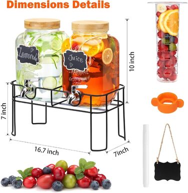 2 x 4-літрові диспенсери для напоїв зі стійкою, скляні диспенсери для напоїв з нержавіючою сталею, для газованої води, лимонаду, домашніх напоїв, вечірок, свят