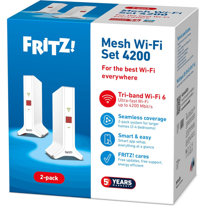 Набір FFRITZ!Mesh 4200 (2 шт.) - Mesh-система Wi-Fi 6 (Triband), до 4200 Мбіт/с, охоплення до 5 кімнат, для міжнародного використання