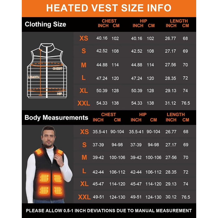 Обогреваемый жилет для мужчин и женщин 7,4V с аккумулятором 20000mAh, до 12 часов быстрого нагрева, 15 зон нагрева – для велоспорту, кемпинга и работы зимой, XS, глубокий черный