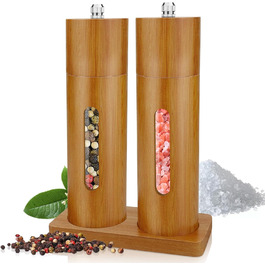 BOCHION Salt and Pepper Grinder Set, Wooden Grinder Set Large with Coaster, Salt and Pepper Grinder with Adjustable Ceramic Grinder, Grinding from Coarse to Fine, for Pepper, Salt, Spices, 2-Piece Set 18 cm
