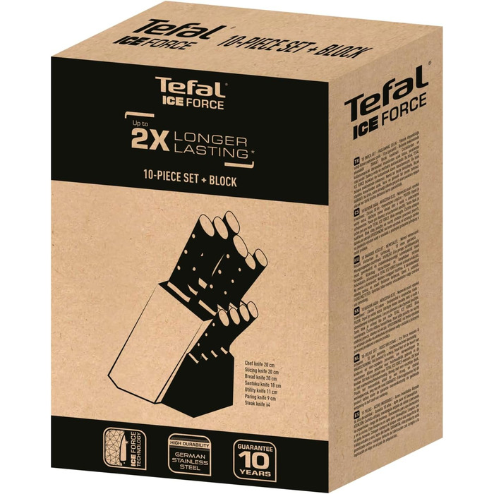 Набір ножів Tefal Ice Force 5 предметів (дерев'яний блок): ніж для хліба 20 см, шеф-ніж, ніж Сантоку 18 см, ніж для овочів 11 см, ніж для нарізки 9 см, нержавіюча сталь, коричнево-чорний, K232S5