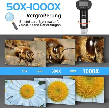 Цифровий мікроскоп WADEO USB HD з 50x-1600x збільшенням, портативна інспекційна камера, кабельне ручне збільшення з 8 LED та стійкою, сумісний з iOS, Android та планшетами (2 дюйми)