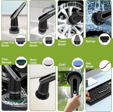 Електрична щітка для прибирання з 7 насадок, IPX7, регульована ручка, для ванної, кухні, підлоги, авто (чорний, сірий)