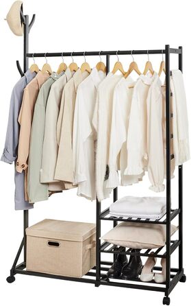 Yorbay Bamboo Clothes Rack with Wheels, Clothes Rail, 3 Shelves and 6 Hooks, Tree Shape, 100 x 38 x 176 cm (Black)