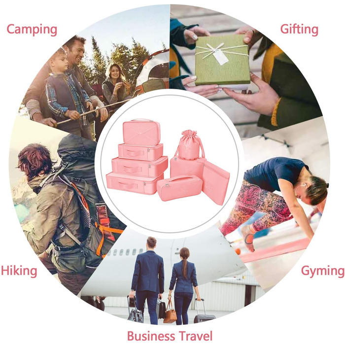 Органайзер для валізи: 8 комплектів, 7 кольорів. Набір для подорожей з водонепроникними мішками для взуття та компресійними мішками. Новий рожевий колір