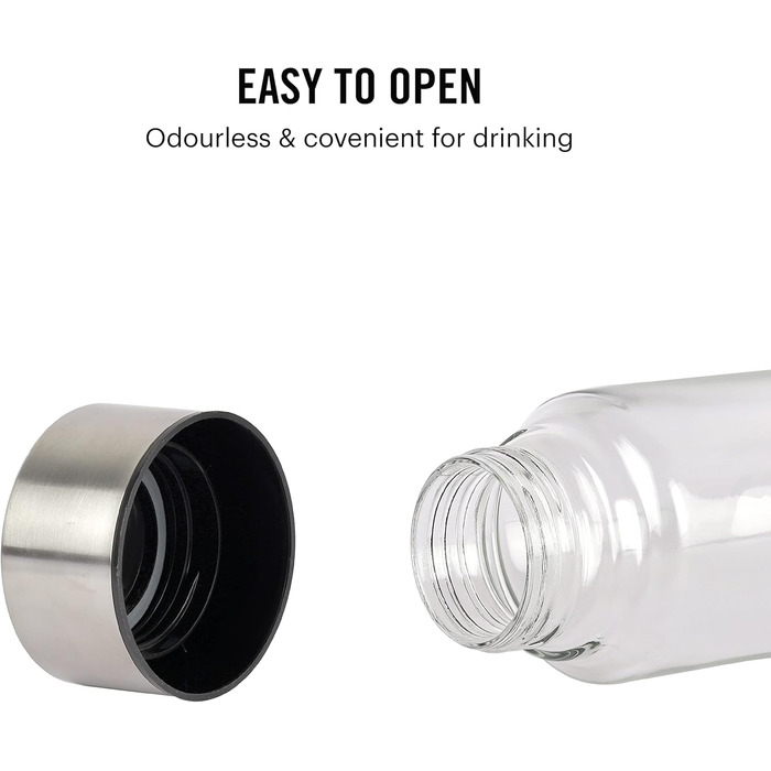 H2O Steelox Glass Water Bottle, Refrigerator Bottle, Wide Opening for Easy Cleaning, Bottle for Hotel, Travel, Office, University, 3-Piece Set, 920 ml, Silver