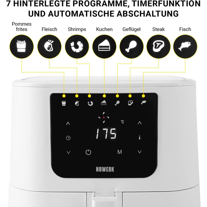 Фритюрниця-конвекційна піч Heißluftfritteuse Midnight Edition 5.5 л, білий колір, 1800 Вт, 7 програм, цифровий дисплей