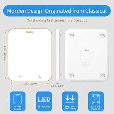 Кухонні ваги Homebuds 15 кг, цифрові, з LED-дисплеєм, точність 1 г/0,1 унції, для випічки та приготування їжі, скло, 3 AAA батарейки в комплекті