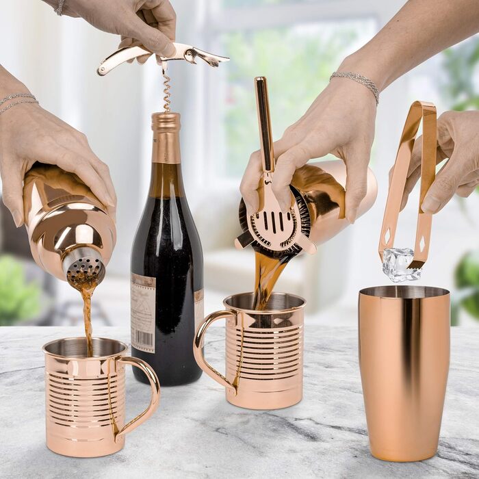 ONVAYA® Cocktail Set in Rosé-Gold | Cocktail Gift Set with Bamboo Holder | Cocktail Shaker Set | Professional Bartender Set | Moscow Mule Mugs (Cocktail Set)
