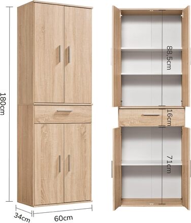 Multipurpose cabinet 60cm wide with drawers 'The Practical', small office cabinet or filing cabinet, also as a shoe cabinet or storage cabinet in 60x90x34 cm (W/H/D) in White (Height 180CM, Sonoma Oak -69)
