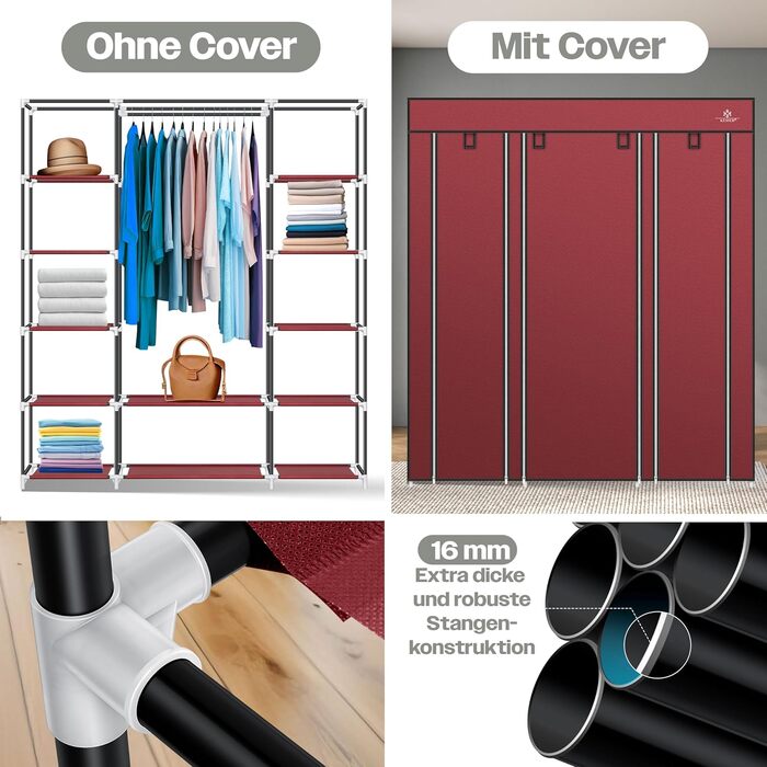 KESSER® Wardrobe Clothes Rack Stable with Clothes Rail & Shelves, Incl. 5x Clothes Hangers, Fabric Folding Wardrobe for Bedroom, Dressing Room, Clothes Rack 150x45x175cm (Burgundy Red)