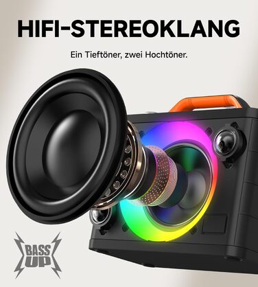 Караоке машина з 2 бездротовими мікрофонами RGB – 5200 mAh, 10 RGB-режимів, незалежне керування, 13 годин відтворення, Hi-Fi звук, підтримка AUX/USB/TF-карт/Coax, чорний