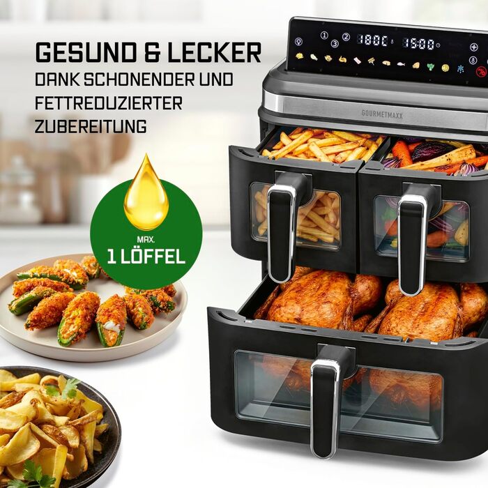 Фритюрниця електрична Gourmetmaxx FryUp3 з 3 камерами 17л, Airfryer з сенсорним дисплеєм, 12 програм, вікном огляду – для 12 осіб