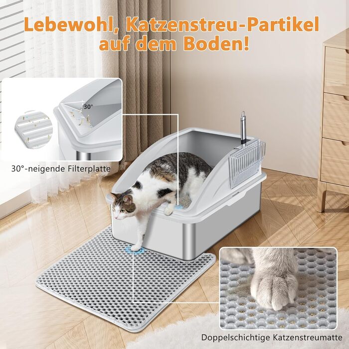 FURTIME Лоток для котів з нержавіючої сталі XXL, 42L, великий, витокозахисний, з лопаткою, 60x40x36 см (Сріблясто-сірий)