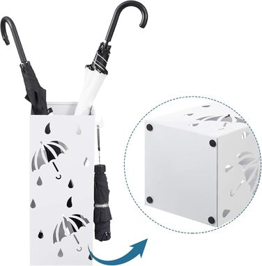 Lestarain Metal Umbrella Stand with Water Tray and Hooks - White Cube Design, 20x20x49cm