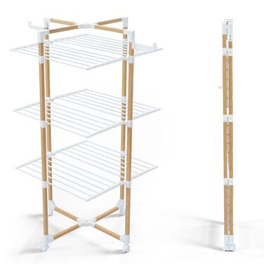 Сушарка для білизни VOUNOT Tower 3 рівні, складана, біла, з колесами - 25м, імітація дерева