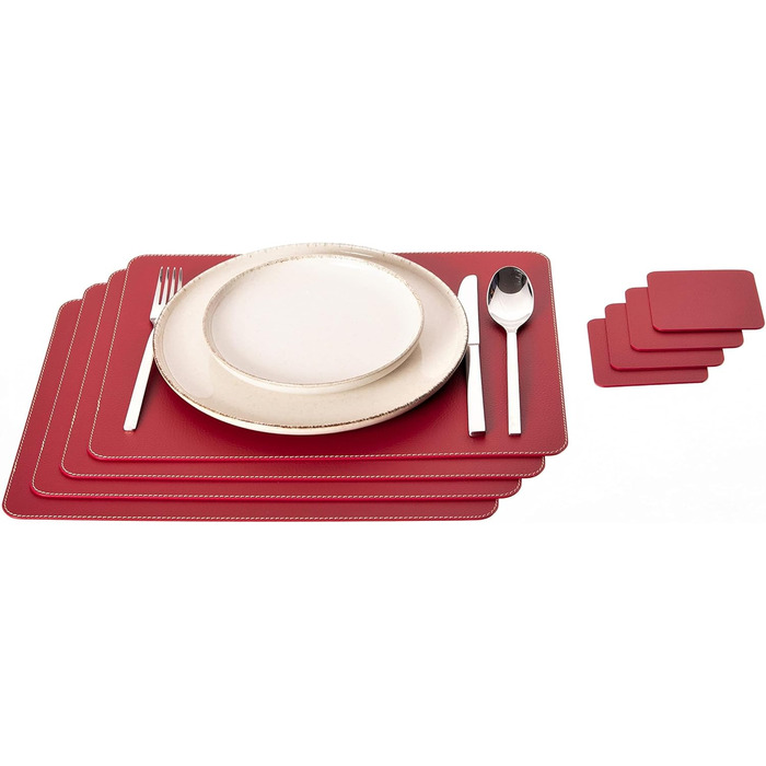 Placemats and Coasters (Set of 4) made from recycled leather, placemats, 4 placemats and 4 coasters, table mats and coasters 10 x 10 cm (Christmas Red, 40 x 30)