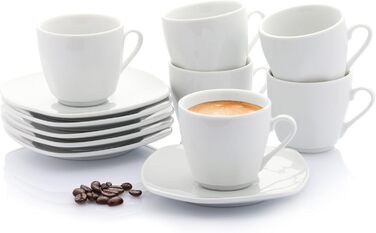 Singer | Espresso Cups Bilgola 12-Piece Set, Porcelain Coffee Cups Set for 6 People, Dishwasher-Safe Cups with Saucers, Moka Cups Set Cups & Saucers White | 100 ml | PREMIUM COLLECTION Espresso Cups 12-Piece Set