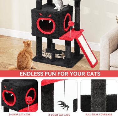 Кігтеточка YITAHOME Готичний XL, 160 см, з 4 колонами з сизалю, 1 дощечкою для шліфування, гамаком, 2 кулями-мавпами, платформами-ліжками, для шліфування, чорна (40 x 48 x 111 см)