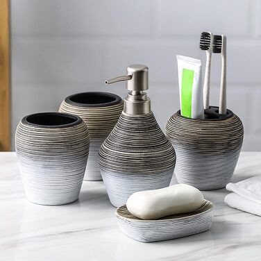 Набір аксесуарів для ванної кімнати в європейському стилі (5 шт.) з кераміки: дозатор для мила, тримач для зубних щіток, стакан, мильниця, сірники. Серія 'Retro', сірий, матовий.